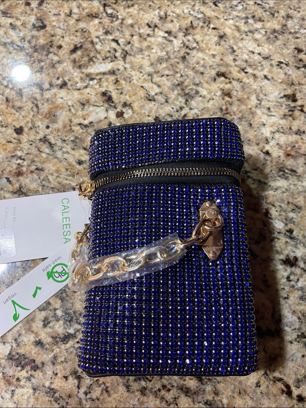 Blue Crystal Crossbody Bag with Chain Strap